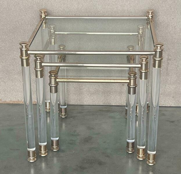 Set Of Three Vintage Lucite An Brass Nesting Tables With Glass Top photo furniture