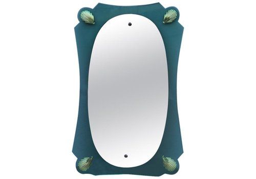 Italian Old Mid Century Modern Wall Mirror Cristal Art, 1950s Green Gold Color