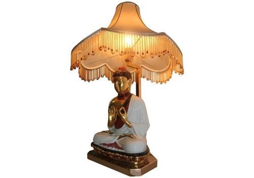 Lamp With Buddha Italian Design Porcelain, 1970 Fabric Dome Gold
