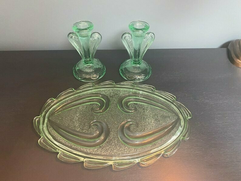 antique green glass dressing table set Vintage Green Glass Dressing Table Set – Kernow Furniture