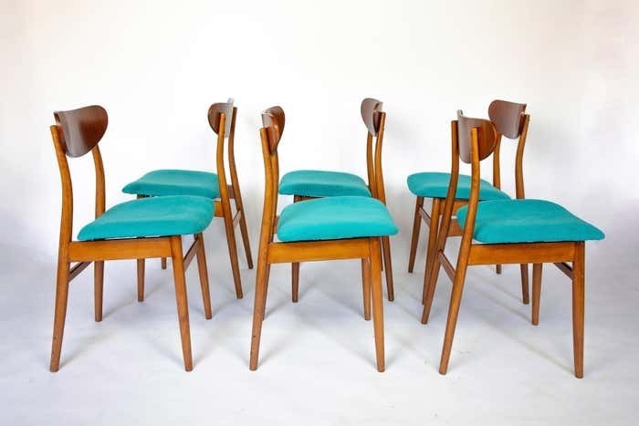 Mid Century Modern Dining Chairs With Blue Velvet Upholstery, Set