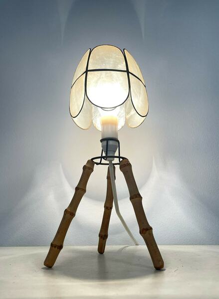 Vintage Danish Bamboo Wood Mid Century Tripod Table Lamp With Modernist Design Base And Seashell Shade photo furniture