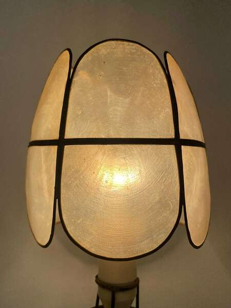 Vintage Danish Bamboo Wood Mid Century Tripod Table Lamp With Modernist Design Base And Seashell Shade photo Lighting