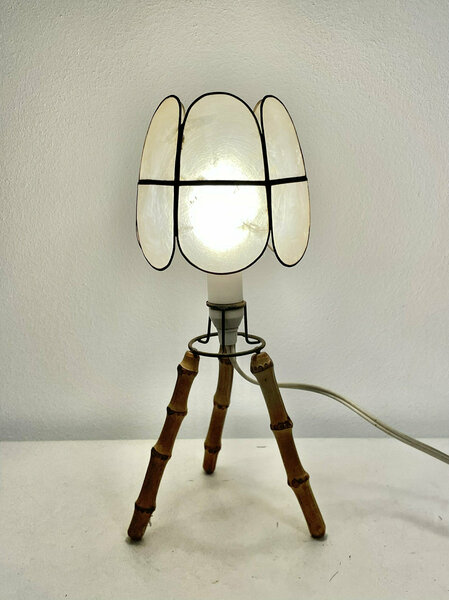 Vintage Danish Bamboo Wood Mid Century Tripod Table Lamp With Modernist Design Base And Seashell Shade photo vinterior