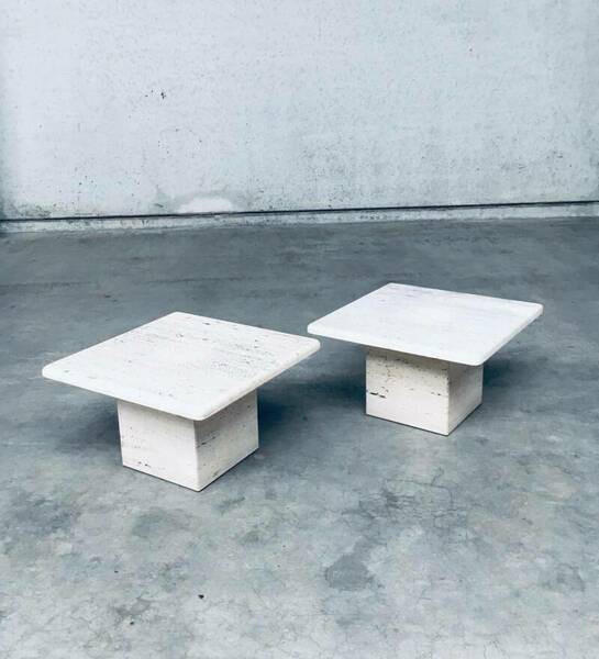 Italian Design Travertine Square Side End Table Set 1970's photo furniture