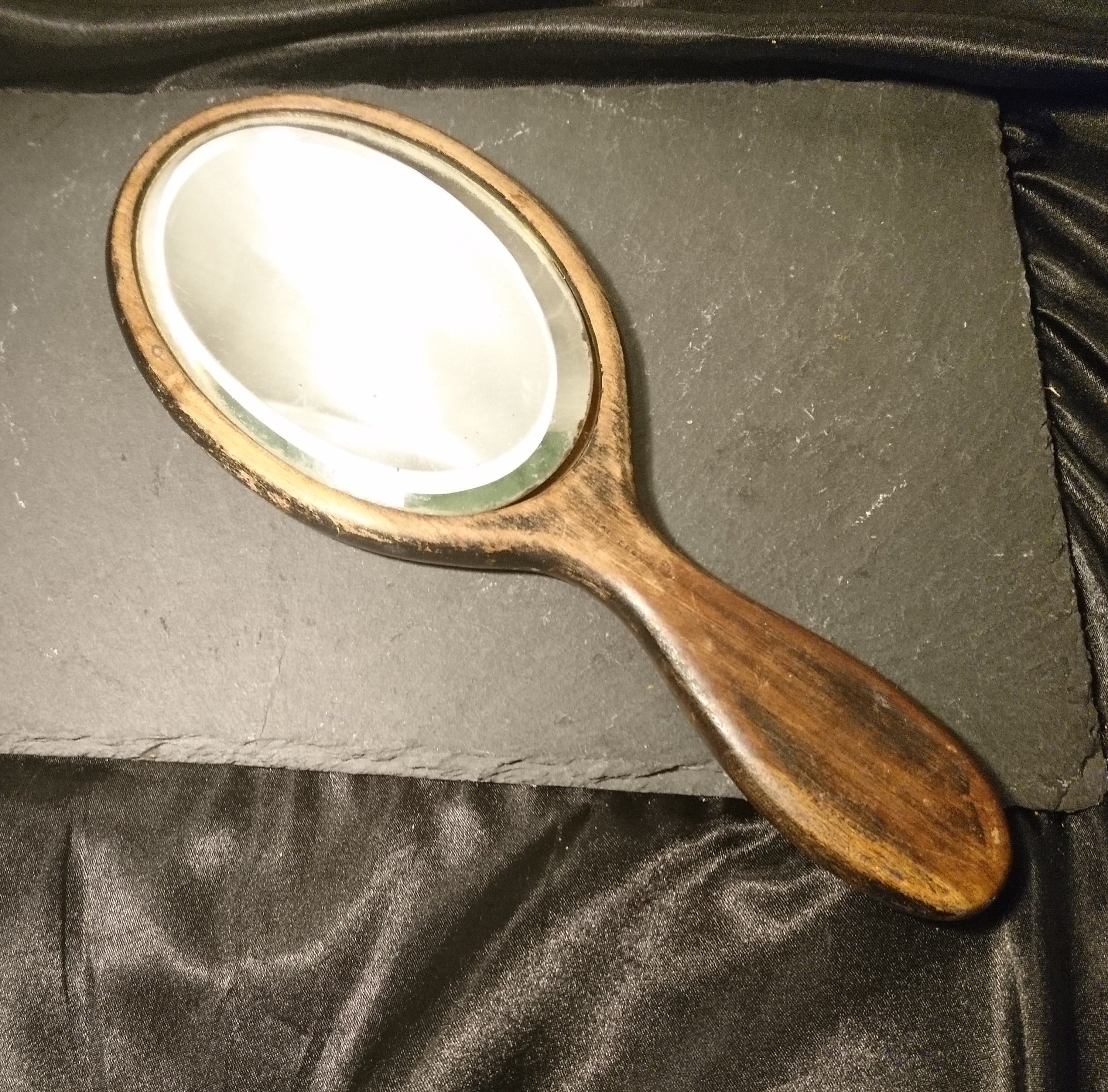 Rustic Antique Ebonised Hand Mirror Worn And Aged Vanity
