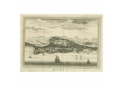 Old Copper Engraving Of The Port City Dabhol In India, 1757