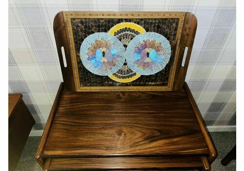 Mid Century Brazilian Teak Inlaid Butterfly Wing Tray 1960s   G Plan Era   Retro