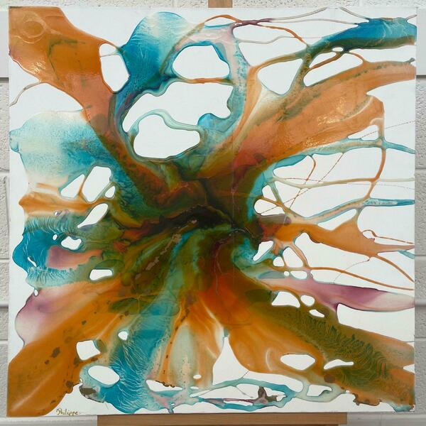 Philippe Aird Colourful Abstract Painting Using Orange & Turquoise Resin On A White Canvas 2005 Circa photo for sale