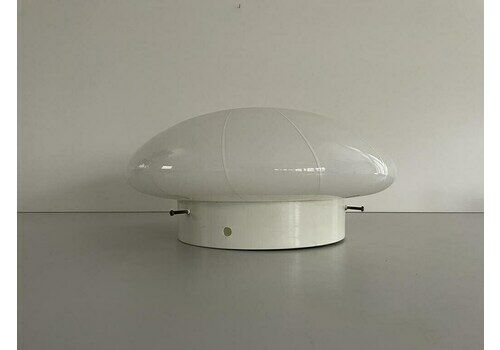 Italian White Metal Body And Glass Mushroom Small Size Flush Mount Ceiling Light By Visto, 1960s, Italy