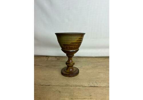 Vintage Stamped T Studio Art Pottery Drip Glaze Tall Goblet Cream Tan Brown Glaze In Good Condition