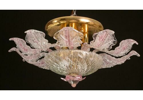 Lovely Pink Murano Glass Leave Ceiling Light Or Chandelier, 1970s
