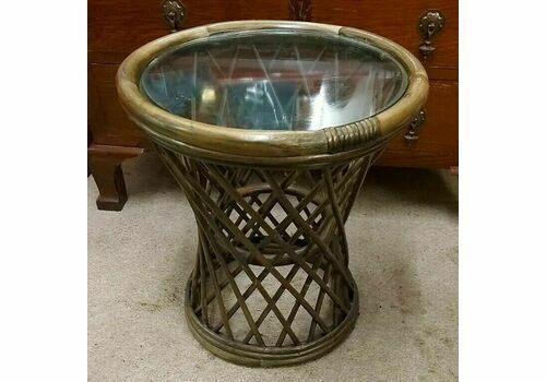 Vintage Cane / Bamboo Round Table With Glass Top.