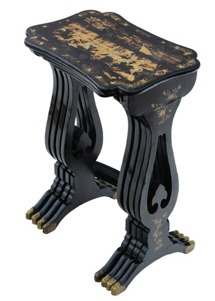 Antique Fine Quality Chinoiserie Boulle Work Black Lacquer Nest Of 4 19th Century Tables photo for sale