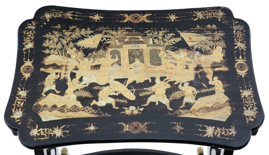 Antique Fine Quality Chinoiserie Boulle Work Black Lacquer Nest Of 4 19th Century Tables photo vinterior