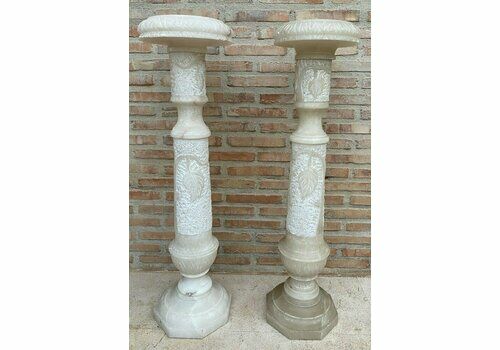 Italian Empire Carved Carrara Marble Pedestal Tables, 1890s, Set Of 2