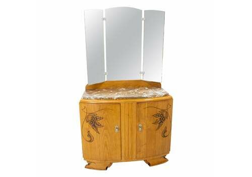 French Midcentury Oak Marble Dressing Table Vanity Unit With Three Panel Mirror