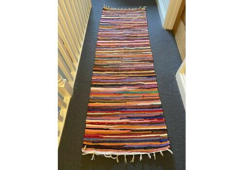 Colourful Vintage Ethnic ‘Rag Rug’ Hand Made Rug , Carpet Runner Striped, Washable, Bright And Bold 102cm X 70cm