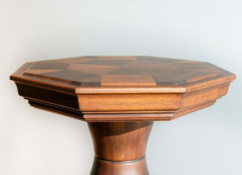 Octagonal Pedestal Table, Marquetry Wooden Side Table, Turned Foot