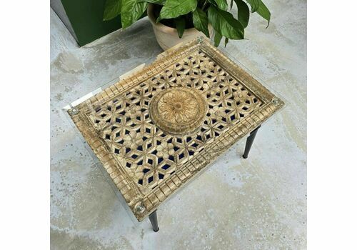 Antique Indian Jali Coffee Table | 1900s Hand Carved Mango Wood Panel With Glass Top & Backlight | Rajasthani Haveli Design