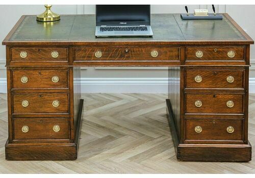 Large Antique Victorian Oak Twin Pedestal Partners Leather Top Writing Desk