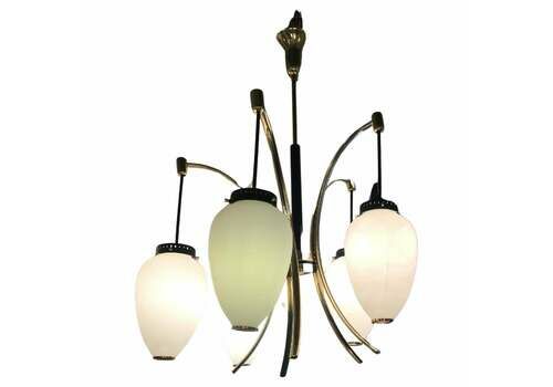 Stilnovo Chandelier Opaline Glass Brass Iron 1950 Italy