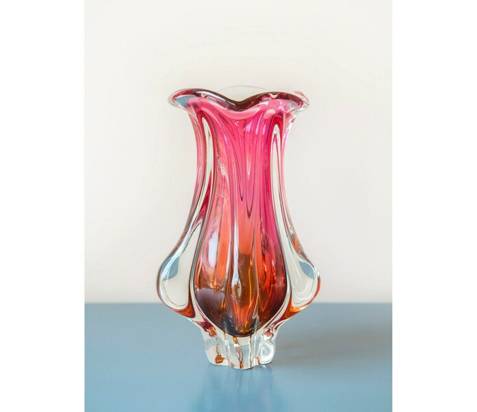 Pink Art Glass Vase By Josef Hospodka, Handblown Czech Flower Vase