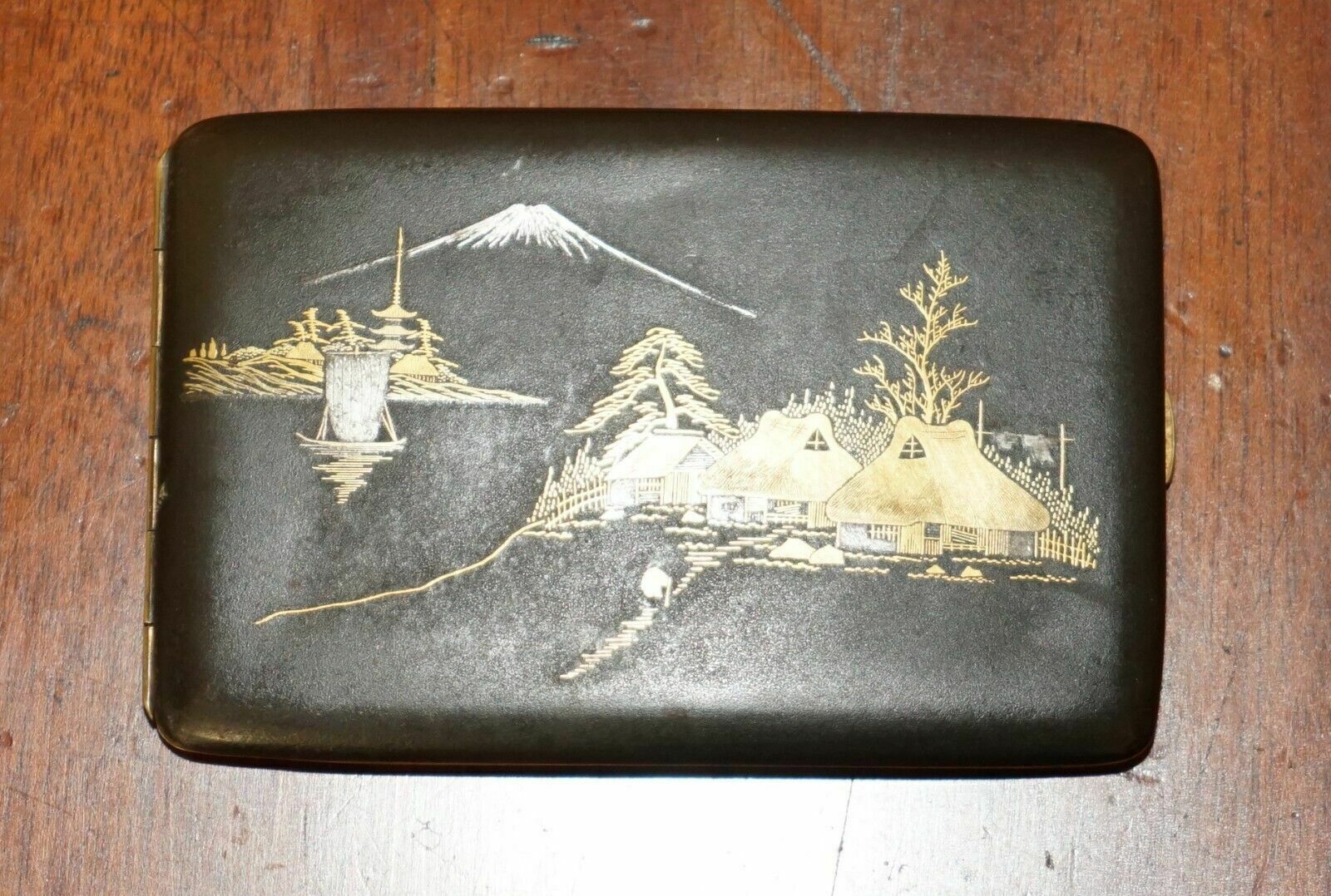 Signed & Stamped Antique 24ct Gold Inlaid Japanese Komei Work Cigarette Case
