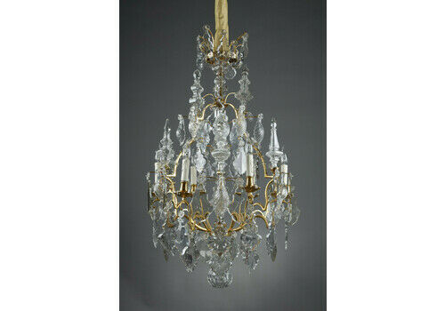 Six Light Gilt Bronze Cage Chandelier With Cut Crystal Pendants And Daggers