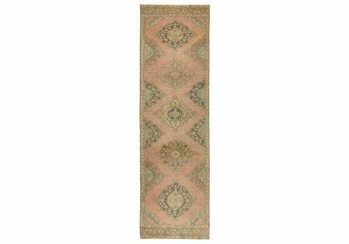 3.7x12.2 Ft Vintage Anatolian Wool Runner Rug In Faded Coral And Light Blue