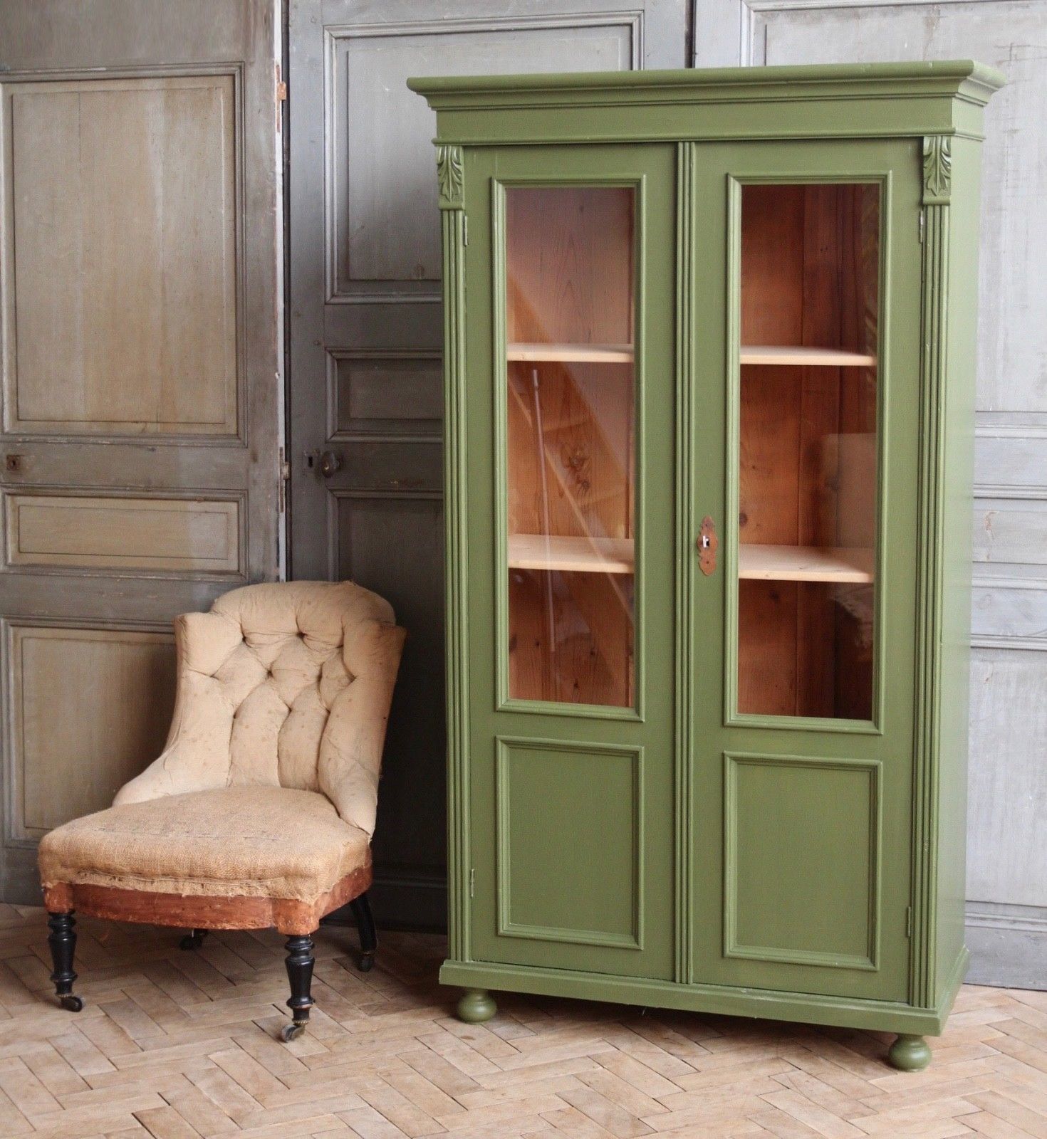 Vintage Antique Green Painted Larder Linen Press Glass Cupboard Armoire