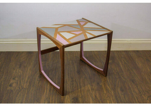 Midcentury Gplan Quadrille Nest Of Tables – Pink Geometric Handpainted Design (Large)