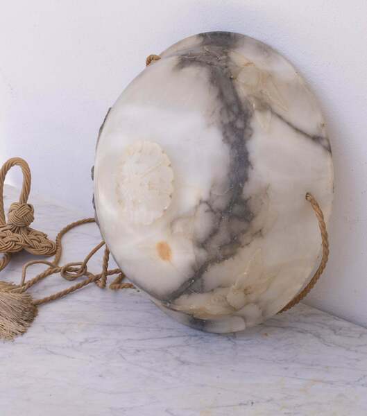Great Design Large Size Art Deco White Alabaster Chandelier, 1930s photo furniture