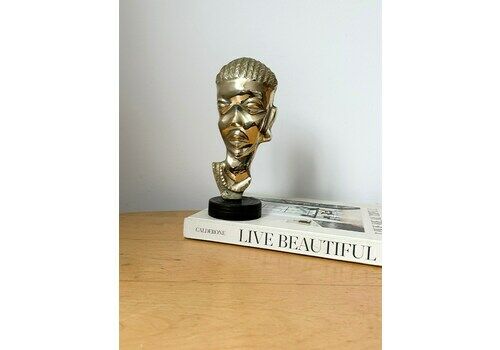 Vintage African Brass Head Sculpture On Wooden Stand