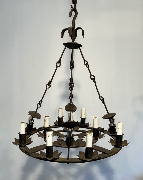 Large 12 Light Gothic Style Wrought Iron Chandelier photo for sale