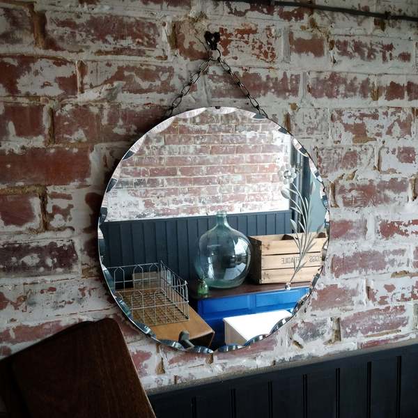 Round Bevelled Edge Mirror On Chain Vintage Round Bevelled Edge Mirror On