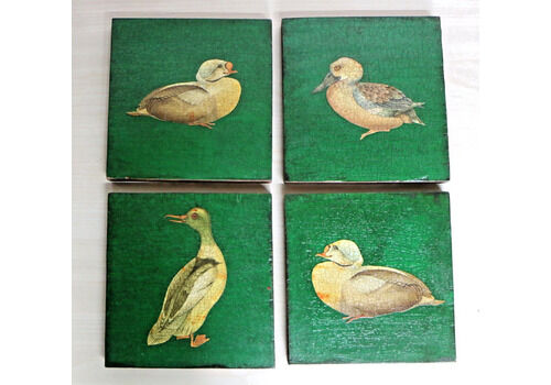 Antique Folk Art Set Of 4 Duck Paintings Chinese Asian Wood Mounted Lacquered