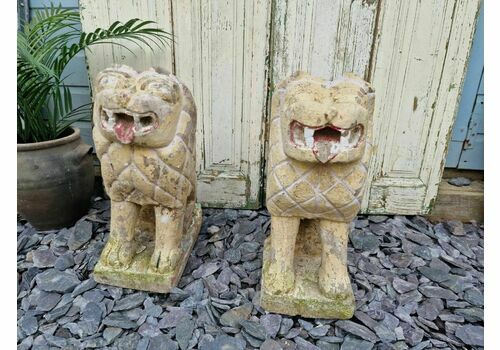 Antique Pair Authentic Indian Hand Made Stone Painted Temple Palace Garden Lions