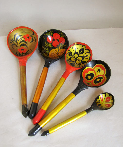 Vintage Russian Ussr Wooden Spoon Set Of 5, Hand Painted Spoons Vinterior