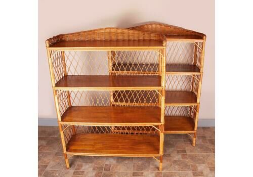 Stylish Pair Of Wicker Rattan Bookcase Shelving Units