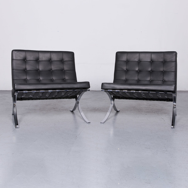 Knoll International Barcelona Chair Designer Leather Armchair Set Black Genuine