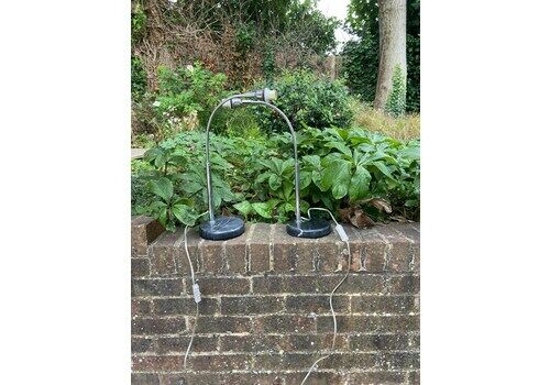 Vintage Pair Of Marble & Chrome Retro Table Lamps – Black Marble Bases With Arched Chrome Arms – Working Order, Made By Dana Lighting
