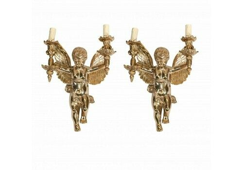 Pair French Cherub Wall Sconces Ormolu Belle Epoque Wall Lights