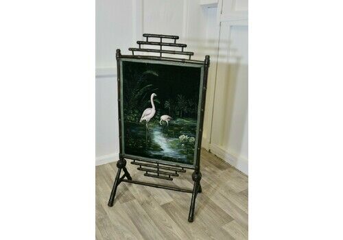 Black Lacquer Oriental Fire Screen, Painted With Flamingos