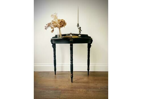 Vintage French Style Half Moon Table Hand Pained With Black Chalk Paint, Waxed And Finished With Copper Finishing Wax.