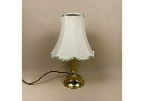 Antique Metal Gold Brass Lamp Light Bedside Side Table Desk Column Ornate Detail Round Base Medium Vintage Scallop Patterned Lampshade Shade