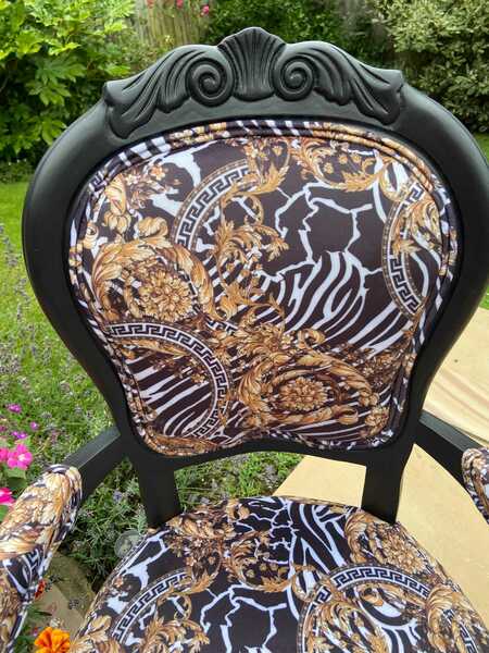 Zebra Velvet Print Vintage Chair, Rococo Style Bespoke Accent Arm