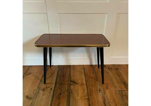 Vintage Retro Wooden Table Rectangle Wood Side Boho Coffee Living Room Retro Lounge Black Pin Legs Gold Edge Plywood Brown