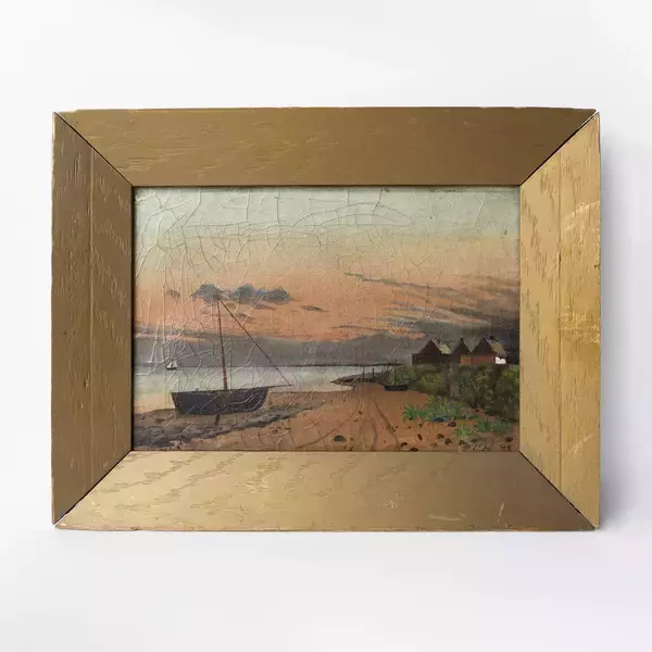Antique Naive Folk Art Sunset Beach Scene, Original Landscape Oil ...