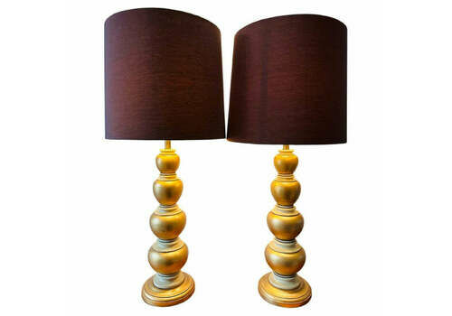 Pair Of 1950s American Frederick Cooper Gold Leaf Concentric Oval Table Lamps Inc Shades